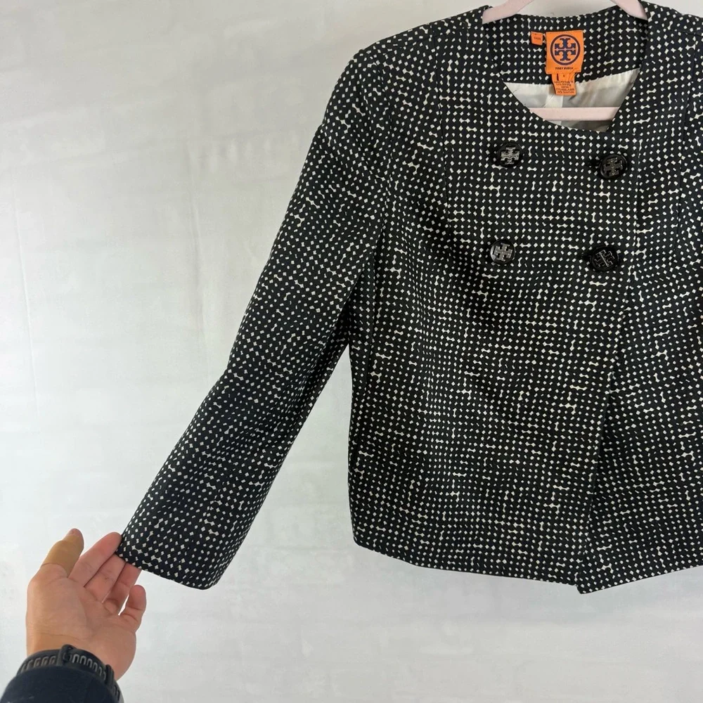 Tory Burch Women’s Sz 6 Jacket Black White Tweed Silk Wool Blend Double Breasted